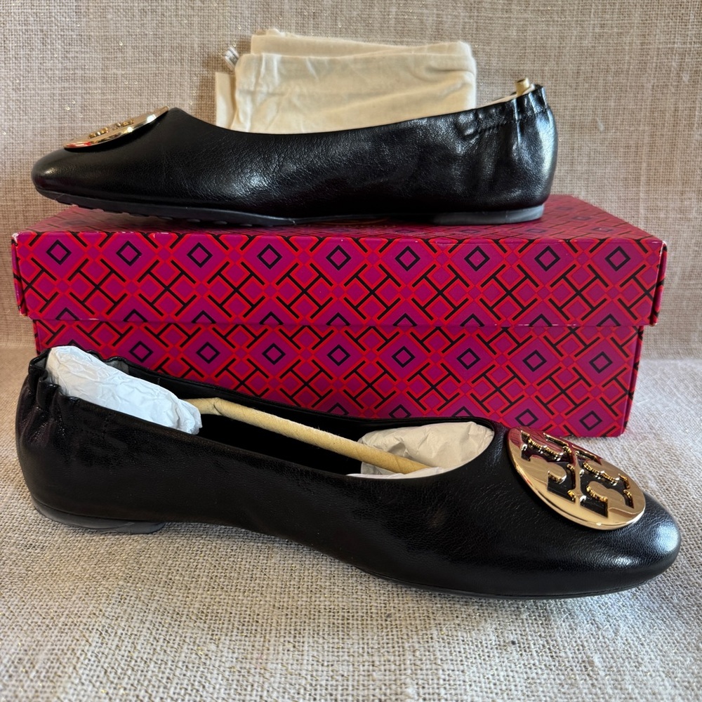 Tory Burch Black/Gold Goat Leather Claire Ballet Flats US 9 new dust bag - Picture 9 of 17